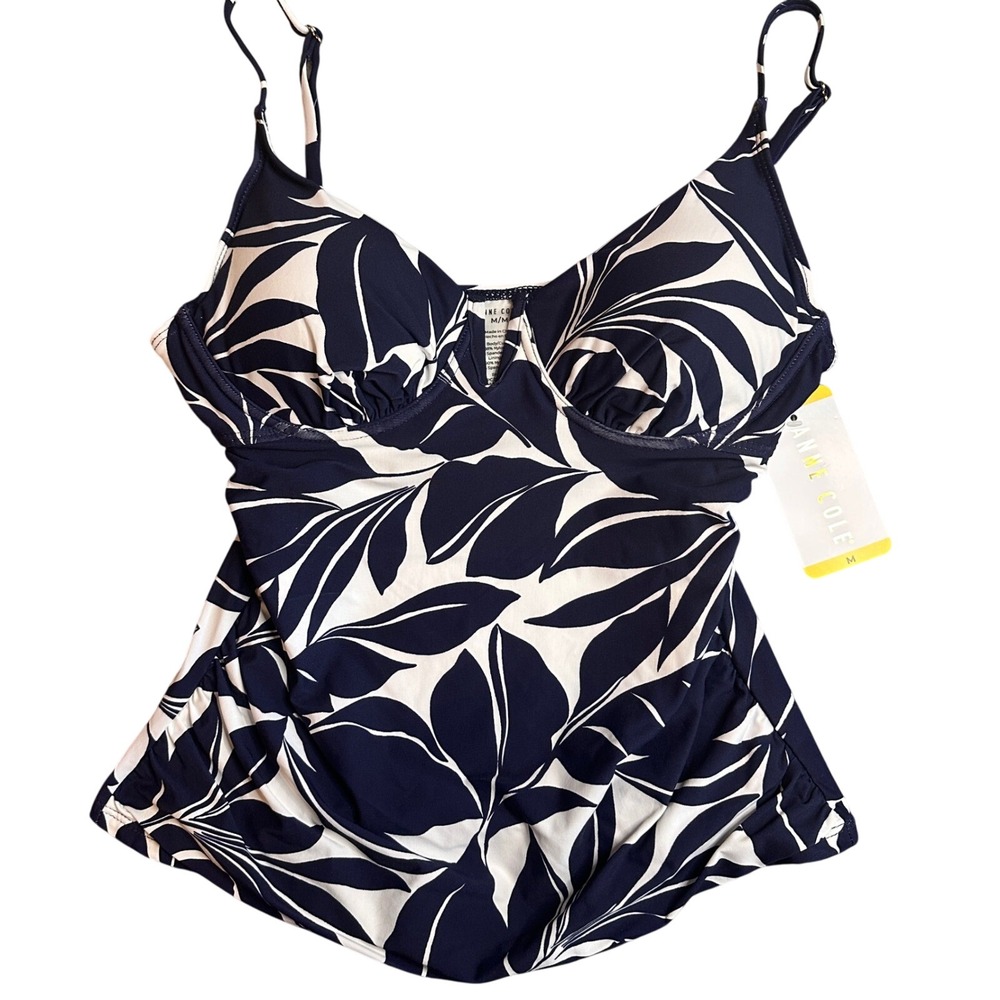 Anne Cole White Navy Leaf‎ Print Tankini Swim Top UPF 50 Women's Medium NWT